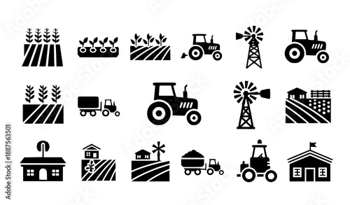 Solid black farming and agriculture glyph icons with tractor crop and rural elements
