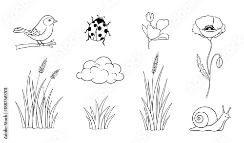 Cute hand drawn black and white spring nature doodle clip art set with animals and plants