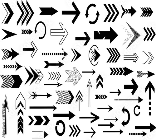 A diverse collection of black arrow graphics showcasing various shapes styles and directional indications