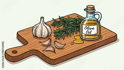 A rustic wooden cutting board featuring fresh garlic, fragrant rosemary sprigs, and a bottle of olive oil, perfect for culinary inspiration and cooking preparation.