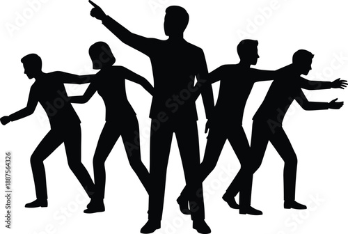 Black human silhouette group showing leadership, guidance, teamwork and people following direction representing motivation, coordination and group dynamics isolated on white background