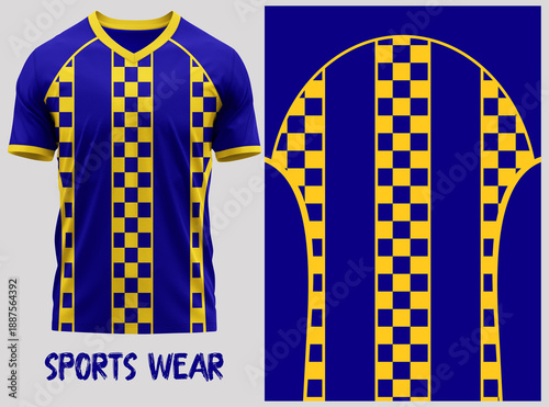 abstract background, sportswear, design for Sublimation print, dress pattern. T-shirt V-neck  Short sleeve. With knit jersey fabric and rib neck texture ( 3d rendered ) 