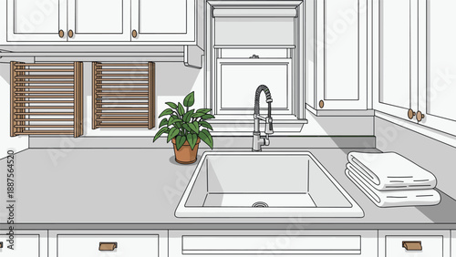 Detailed view of a laundry room sink area with dual drying racks, potted plant, faucet, window with blinds, and folded towels, showcasing functionality and home decor.