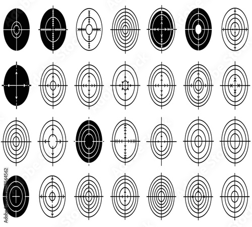 An assortment of monochrome target crosshairs and concentric circles displayed in a grid pattern on a white background