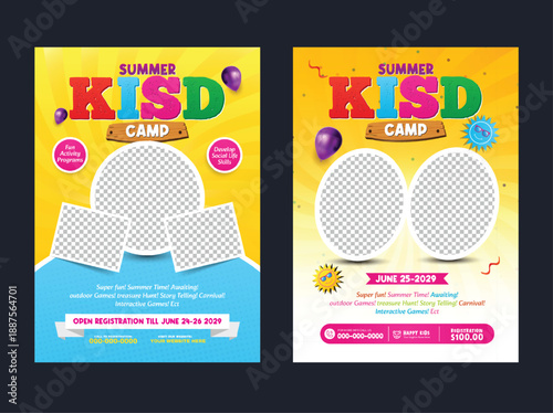 Summer camp invitation card template set. Kids summer camp flyer design for holiday fun activities vector illustration.
