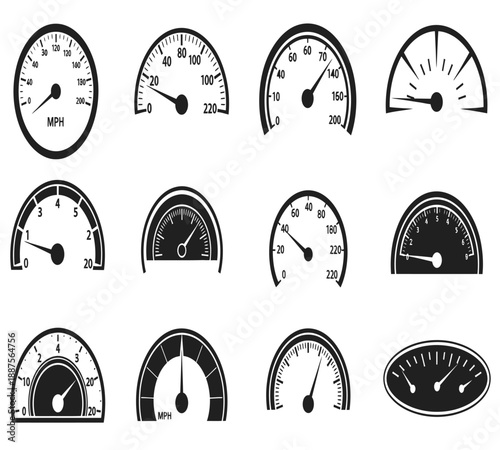 An assortment of black and white automotive gauges displaying various readings and styles in a grid layout