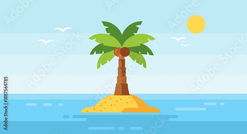 Minimalist Tropical Island Vector Illustration Featuring a Single Palm Tree with Coconuts on a Small Sandy Beach Surrounded by Calm Blue Ocean Waters Under a Clear Sunny Sky with a Bright Yellow Sun