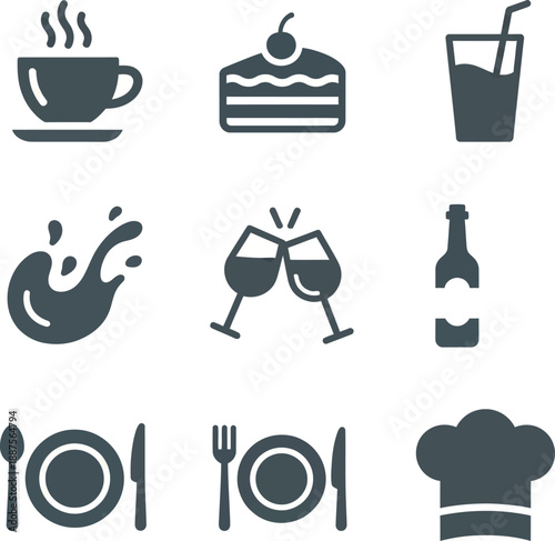 Drinks and beverages excellent icon collection. Set of beer mug, juice bowl, takeaway cup, liquid splash, pitcher, wine glass, smoothie bowl, and glasses icons.