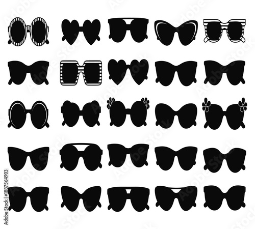 A collection of diverse black sunglasses in various shapes and styles arranged in a grid format