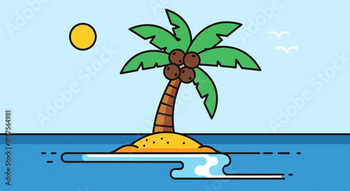 Minimalist Tropical Island Vector Illustration Featuring a Single Palm Tree with Coconuts on a Small Sandy Beach Surrounded by Calm Blue Ocean Waters Under a Clear Sunny Sky with a Bright Yellow Sun