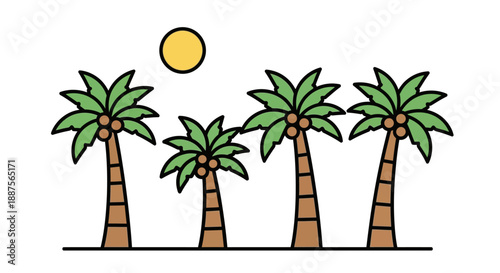 Minimalist Tropical Island Vector Illustration Featuring a Single Palm Tree with Coconuts on a Small Sandy Beach Surrounded by Calm Blue Ocean Waters Under a Clear Sunny Sky with a Bright Yellow Sun