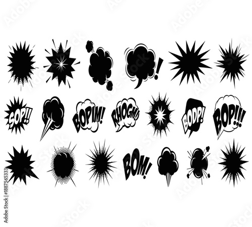 A diverse collection of comic book style speech bubbles and explosion effects in black and white