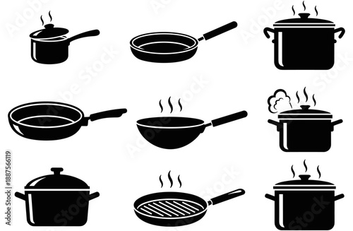 Cooking Pot and Pan Silhouette Icons: Saucepan, Frying Pan, Wok, Stockpot, Steam, Kitchenware, Minimalist Black Design, Culinary Tools, Cookware Set, Grid Layout