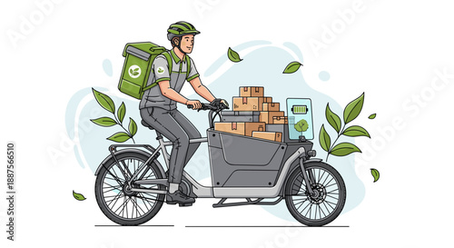 Delivery person riding cargo bicycle with packages and green leaves.