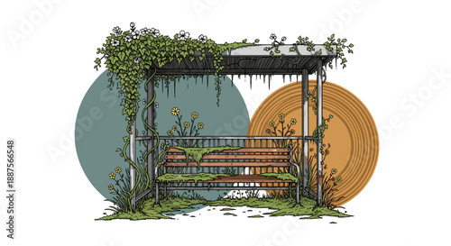 Overgrown Park Bench Underneath a Pergola with Vines.