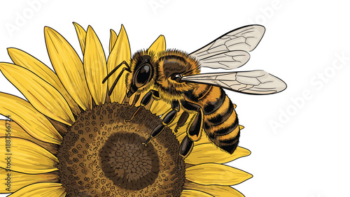 Detailed illustration of a honey bee collecting nectar from a bright yellow sunflower, with intricate details on the bee's wings and body, set against a white background.
