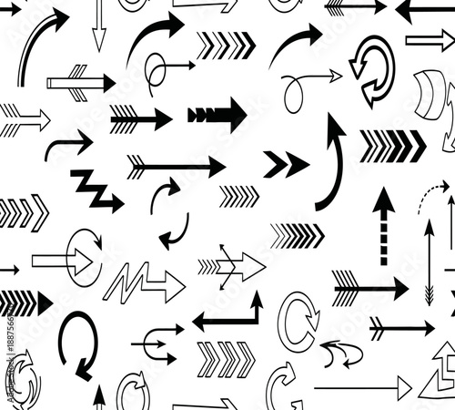 A seamless pattern of diverse black arrows and curved directional elements on a clean white background