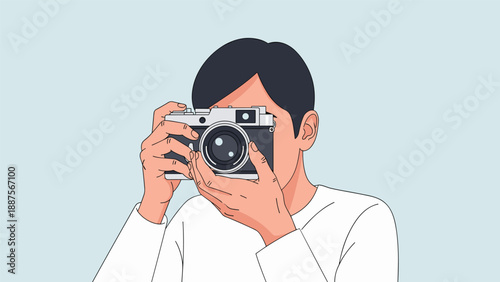 Pixel art portrait of a person holding a classic camera to their eye, engaged in the act of photography, evoking a sense of artistic pursuit and visual storytelling.