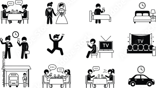 Silhouettes of daily life activities including dining, commuting, relaxing, working, and social interaction in pictogram grid layout