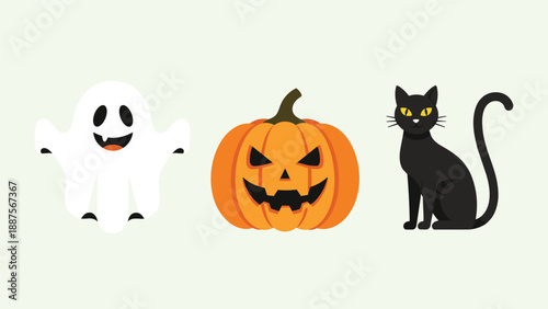 Spooky Halloween trio: a friendly ghost, a scary jack-o'-lantern pumpkin, and a sleek black cat against a light green background, perfect for festive decorations and s...