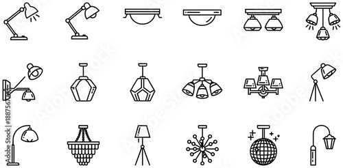 Lighting Fixture Line Icons: Desk Lamp, Ceiling Light, Wall Lamp, Chandelier, Pendant, Floor Lamp, Disco Ball, Modern, Classic, Minimalist, Interior Design, Black and White