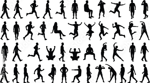Black silhouette people pose collection showing walking, running, jumping, fitness exercises and expressive body movements in clean minimal flat icon style