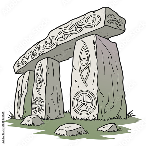 Ancient stone structure with symbolic carvings