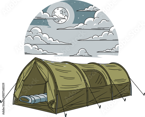 Spacious olive drab camping tent with a sleeping bag inside.