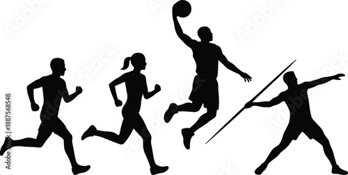 Black sport silhouette set showing runners, basketball dunk and javelin throw representing athletics, competition, strength and active training lifestyle isolated on white background
