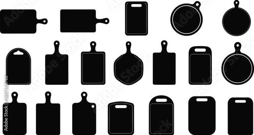 Cutting board silhouettes collection featuring round and rectangular chopping boards, isolated black vector kitchen set for cooking, food preparation, culinary branding, , and kitchen design projects