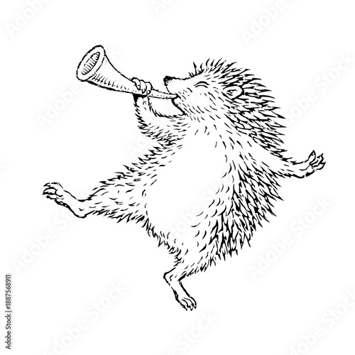 Medieval Marginalia Style Hedgehog Playing a Horn in Absurd Naive Manuscript Illustration
