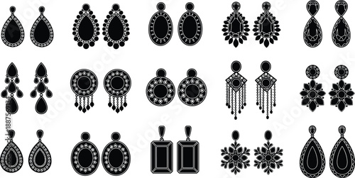 Ornate earrings silhouettes set featuring vintage, boho, and luxury jewelry designs, isolated black vector illustration collection for fashion accessories, boutique branding,  