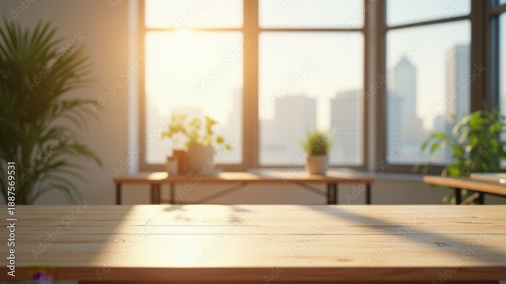 Fototapeta premium wooden table in sunny office interior with big windows natural daylight modern workspace atmosphere clean minimal scene concept of business corporate marketing design industry