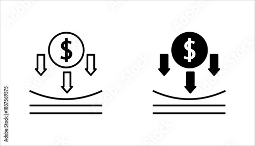 Line icon set. representing financial decline with a dollar symbol and downward arrows. Suitable for cost reduction, loss, risk management, and economic downturn concepts.