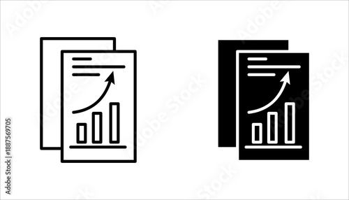 Stacked documents with upward chart icon set in outline style representing financial reports, business growth, performance improvement, and analytics.