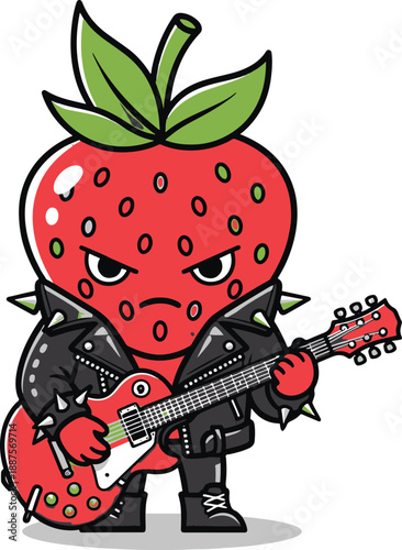 Cartoon strawberry rockstar character playing an electric guitar.