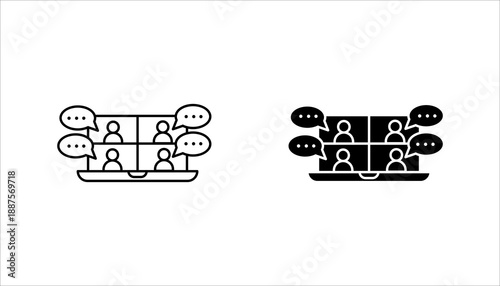 People with speech bubbles on computer screen icon set. in outline style representing online meetings, virtual communication, teamwork, and collaboration.