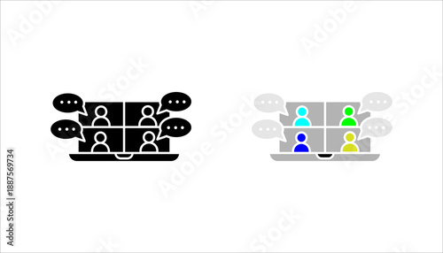 People with speech bubbles on computer screen icon set. in outline style representing online meetings, virtual communication, teamwork, and collaboration.