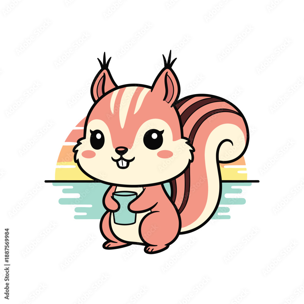 Obraz premium Cute cartoon chipmunk holding a cup with a sunset background animal