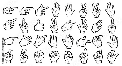 Large Collection of Diverse Hand Gestures and Communication Signs, Expressing Various Meanings on Isolated White Background