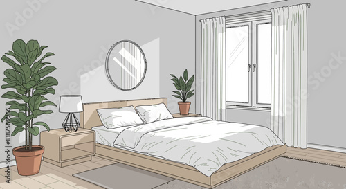 Bright and Peaceful Modern Bedroom Interior with Comfortable Bed, Nightstand, Potted Plant, and Large Window, Cozy Home Decor