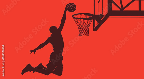 Dynamic silhouette of a male basketball player performing a powerful slam dunk on a solid red background.