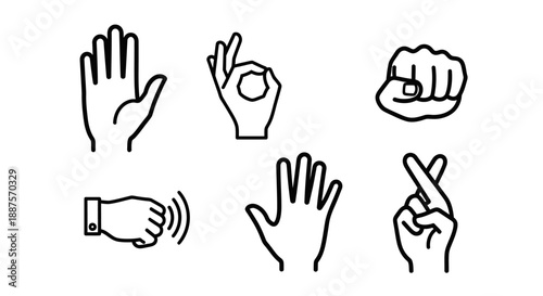 Diverse Set of Hand Gestures Including Open Hand, OK, Fist, Knock, Wave, and Crossed Fingers, Isolated White Background