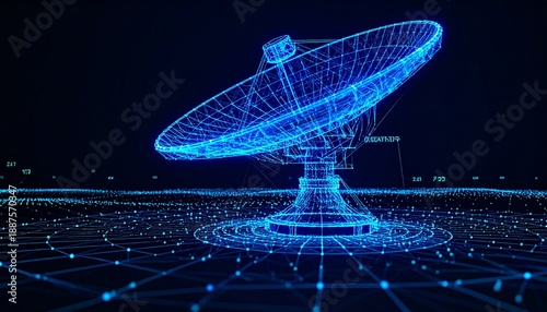 Digital wireframe satellite dish glowing blue in dark space with data transmission grid and network points