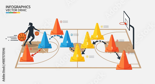 Basketball training infographic showing a dynamic dribbling drill with cones and a player silhouette in a bright studio