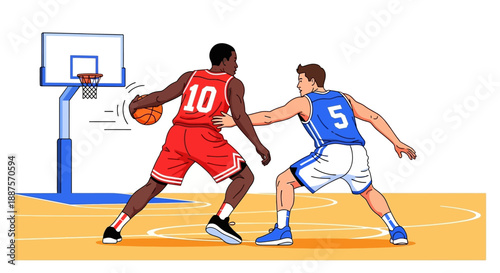 Two male basketball players engaged in an intense one-on-one game with dribbling and defense on a court