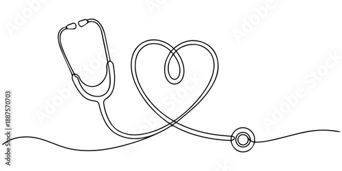 Heart and stethoscope continuous one line drawing minimalism design, Continuous one line drawing stethoscope and heart. World hypertension day concept. Single line draw design vector graphic