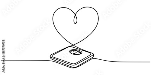 weight scale continuous one line drawing with love shape, Minimalist line art of bathroom scale with a simple design. No editable strokes, Minimalist one line drawing of medical scales. Vector