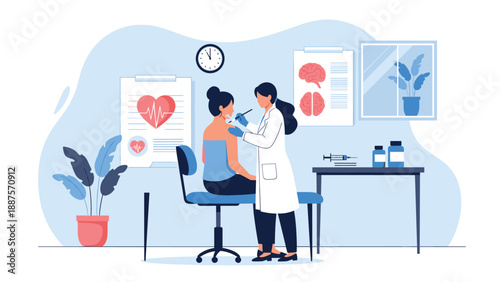 Professional nurse giving a medical vaccine injection to a female patient in a clean clinic treatment room.