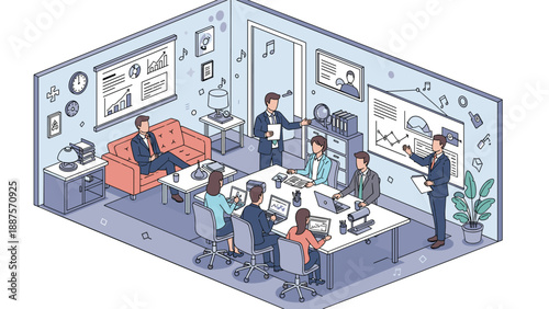 Isometric view of a business team having a productive meeting around a table in a modern glass office.